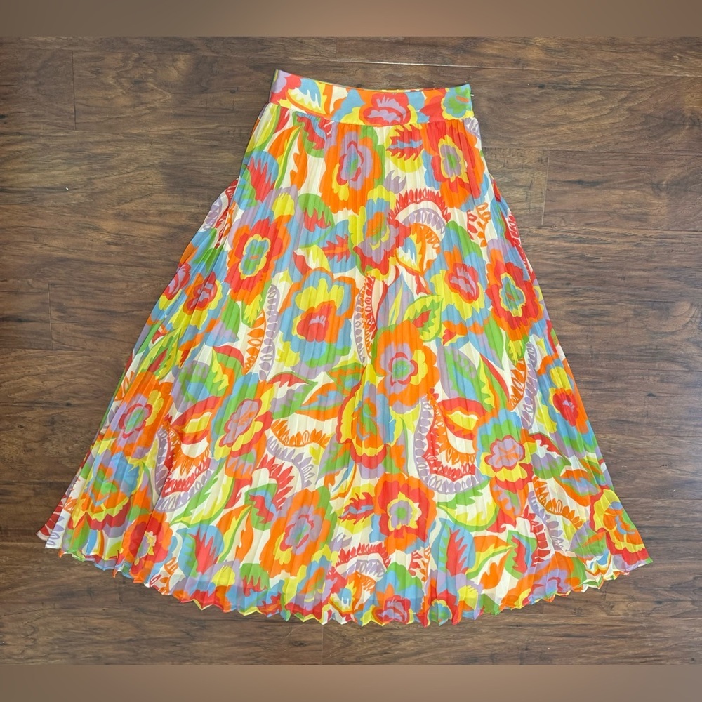 Sezane Dilo Jupe 70s Floral Pleated Midi Skirt Bright Artsy Boho Sz FR 36 US SM - Picture 1 of 9